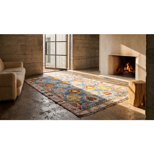 Cornflower Blue 1920s Ivory Geometric Tribal Antique Cotton Agra Rug 4'2" X 6'9" Handknotted Carpet For Sale - Image 8 of 10