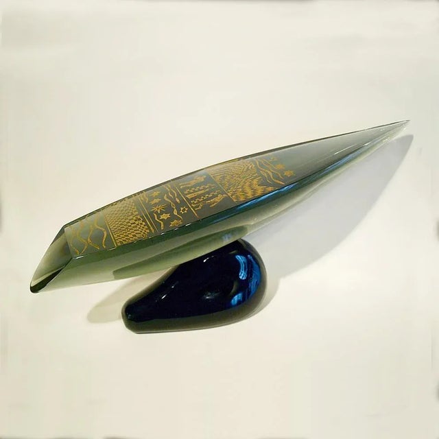 Angelo Rinaldi, "Yacht", solid glass sculpture, ground, carved patterned accompanied by silhouettes, with base wave,...