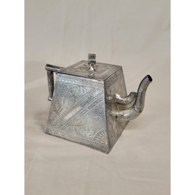 Victorian Antique James W. Tufts Boston Engraved Silverplate Aesthetic Movement Tea Set For Sale - Image 3 of 14