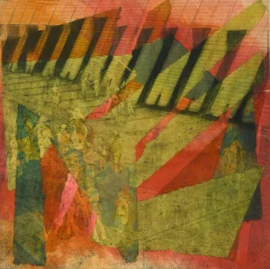 Kismine Varner, American Acrylic Modern Art- Green and Hues of Red Collage