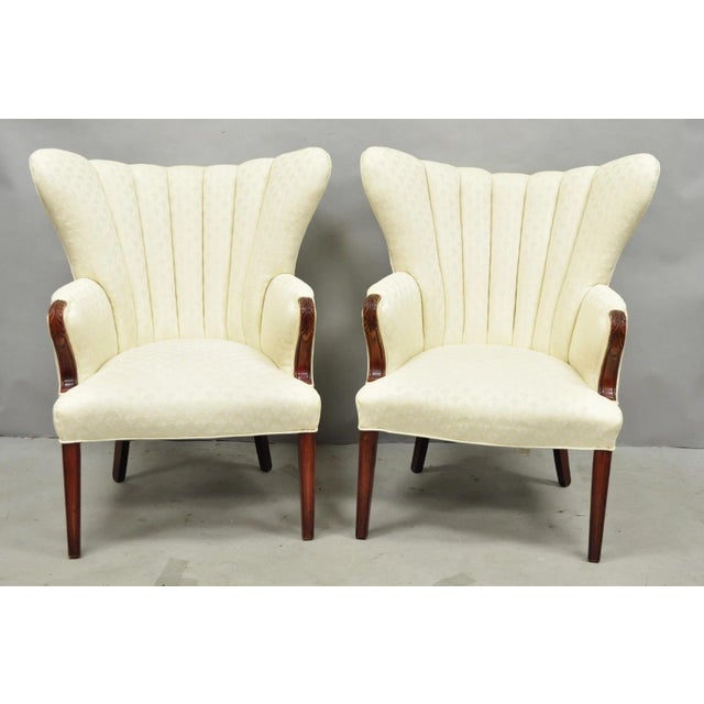 Vintage French Art Deco Style Channel Wingback Mahogany Frame White/Off-White Lounge Arm Chairs - a Pair. Circa Mid 20th...