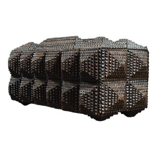 Antique Large Chip-Carved Footed Tramp Art Box With Three Concealed Drawers For Sale