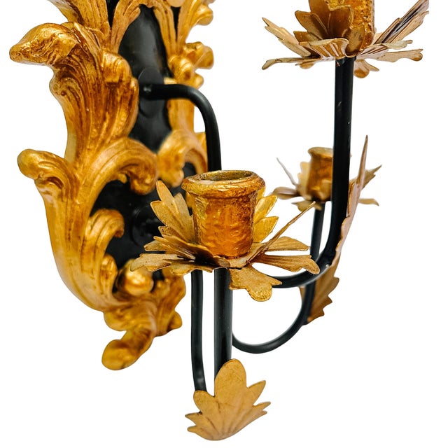 Large Vintage Italian Neoclassical Style Giltwood & Tole 3-Arm Wall Sconce Candelabra For Sale - Image 13 of 16