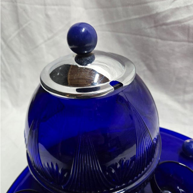 Glass Cobalt Blue Glass Punch Bowl With 10 Cups, Ladle and Large Display Tray- 13 Pieces For Sale - Image 7 of 9