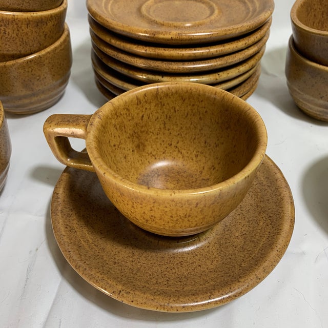 Vintage 1960s Monmouth Pottery "Mojave" Cup and Saucer Set Featuring a Brown Speckled Glaze, Service for 8 For Sale In Chicago - Image 6 of 7