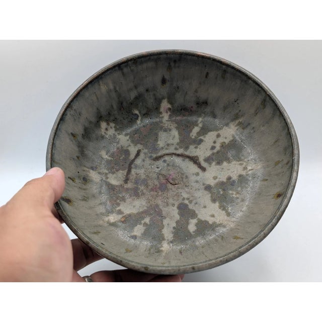 Gray Late 20th Century Handcrafted Studio Pottery Blue Gray Glaze Speckled Pedestal Bowl Signed For Sale - Image 8 of 12