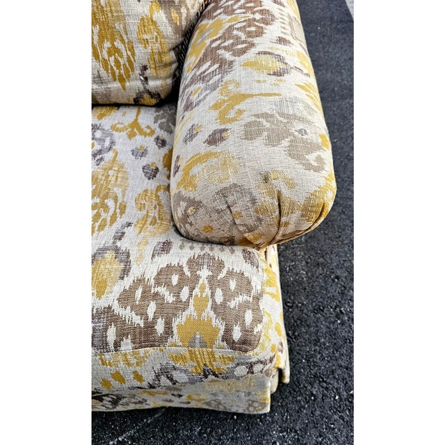 Early 21st Century Pair of Large Ikat Upholstered Skirted Lounge Chairs and Ottoman For Sale - Image 5 of 8