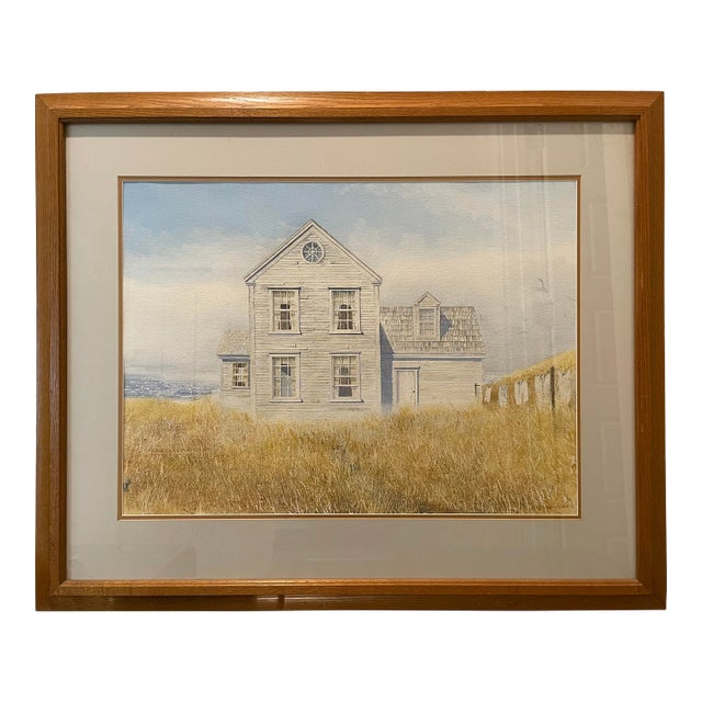 1986 Original Coastal Beach Cottage Watercolor Painting by Mickey Williams With Oak Frame For Sale