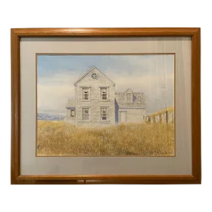 1986 Original Coastal Beach Cottage Watercolor Painting by Mickey Williams With Oak Frame