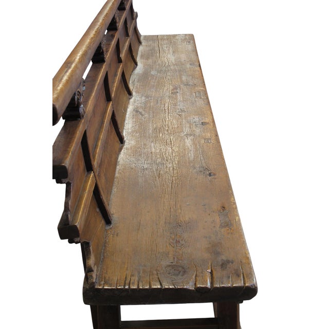 16th Century Antique 111" Elm Wood Bench With Tiered Backrest For Sale - Image 5 of 13
