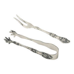 Vintage Th Marthinsen Epns Silver Norway Wild Rose Sugar Tongs & Lemon Fork