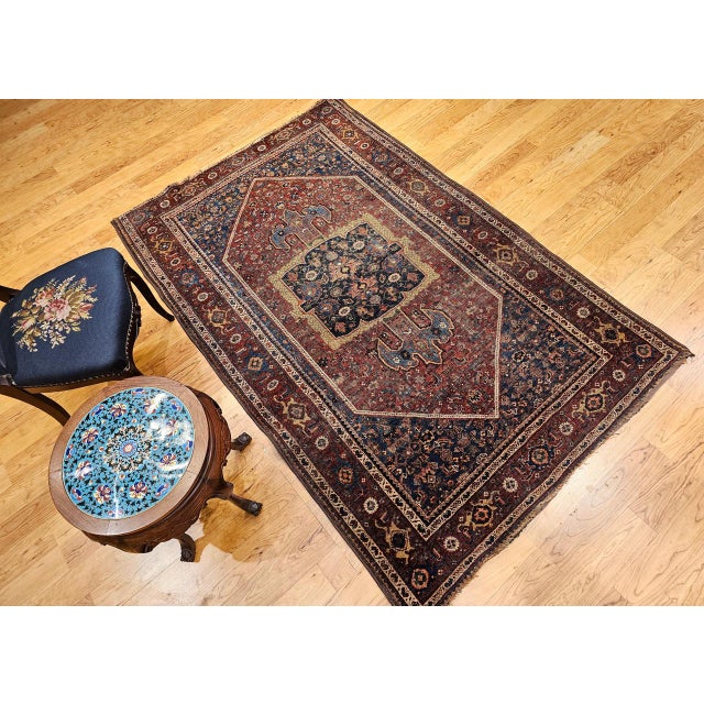 Red 19th Century Persian Bidjar Rug, Hand-Knotted Wool, Geometric Herati Pattern, Burgundy & Blue, 5x7 For Sale - Image 8 of 18