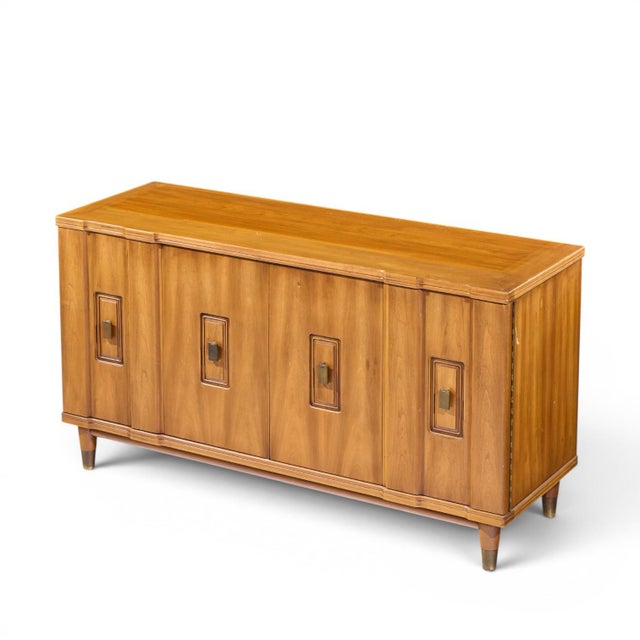 John Widdicomb Mid Century Walnut and Brass Credenza With Hutch For Sale - Image 11 of 14