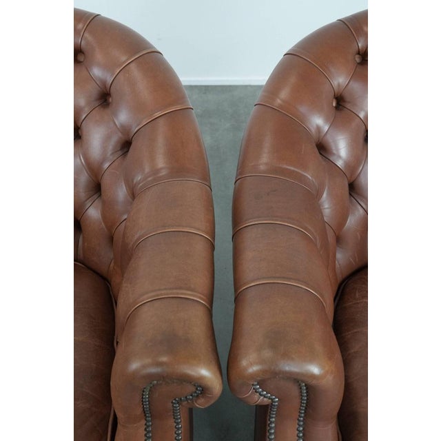Brown Chesterfield Club Chairs in Cowhide Leather, Set of 2 For Sale - Image 8 of 18
