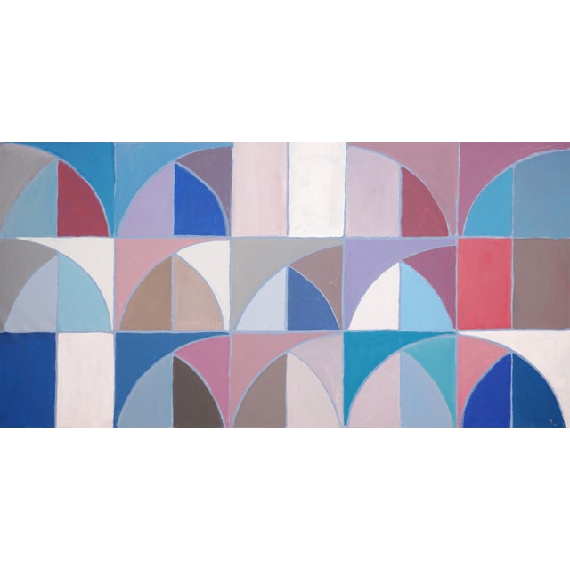 2026, Bauhaus Arches Sequence, Acrylic Paint on Canvas, Blue Geometric Drift, Architecture Patterns by Natalia Roman For Sale