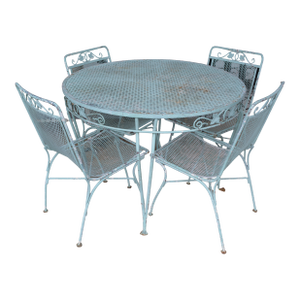 Vintage Salterini Style Ivy Wrought Iron Aqua Blue Round Patio Table & 4 Chairs Set