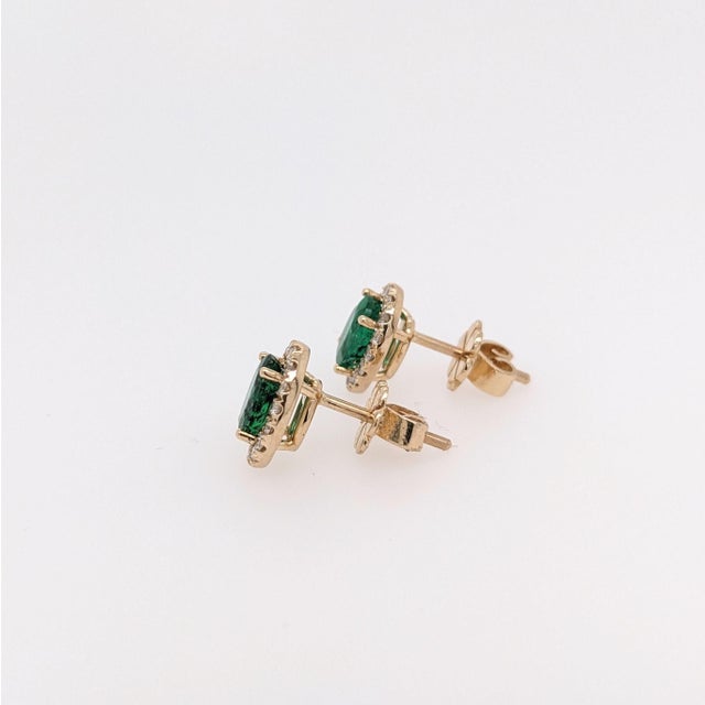 2020s Emerald Stud Earrings With Earth Mined Diamonds Halo: Solid 14k Gold, Oval 7x5mm, A Pair For Sale - Image 5 of 6