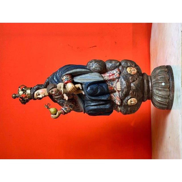 Wood Spanish Virgin and Child in Polychrome Wood on Cloud with Cherubs For Sale - Image 7 of 12