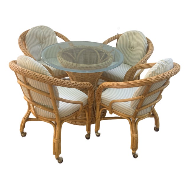 Vintage Set of 5 Pieces Bamboos and Rattan Dining Room Table and Chairs For Sale