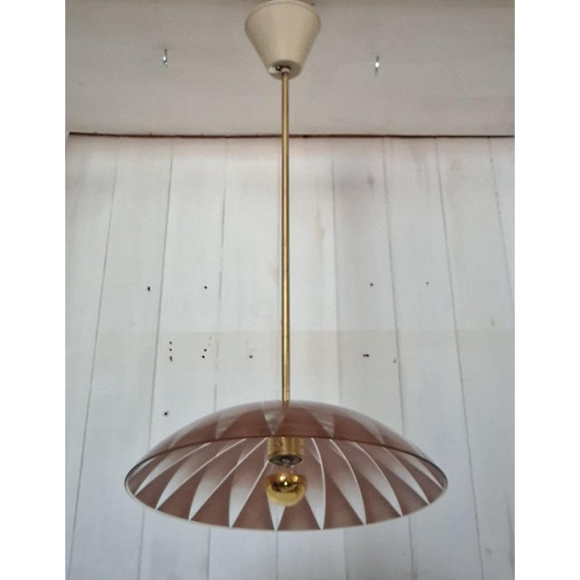 Vintage Pendant Lamp with Beige-Brown Patterned Glass Shade on Brass Mount, 1970s For Sale - Image 6 of 8