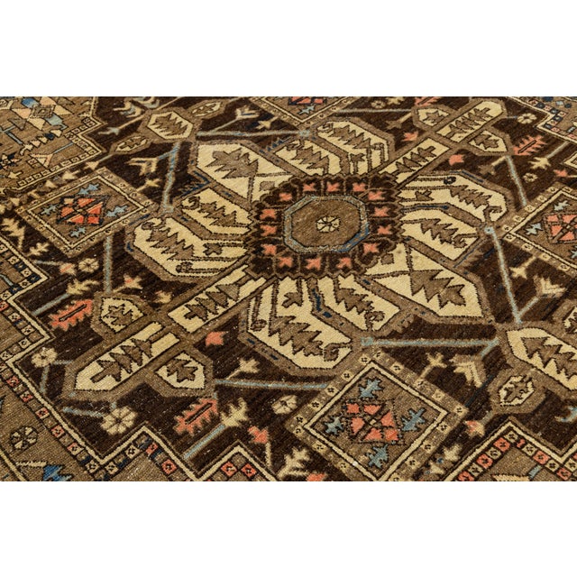 19th Century Antique Serapi Heriz Rug With Geometric Medallion in Camel For Sale - Image 12 of 12
