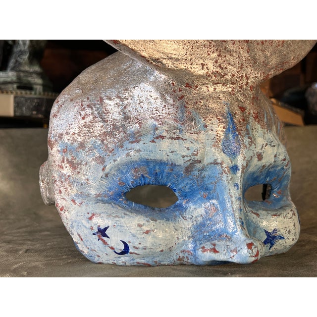 Rare Venetian Baroque Style Handmade Paper Mache Silver Gilded & Painted Moon Mask For Sale - Image 11 of 11