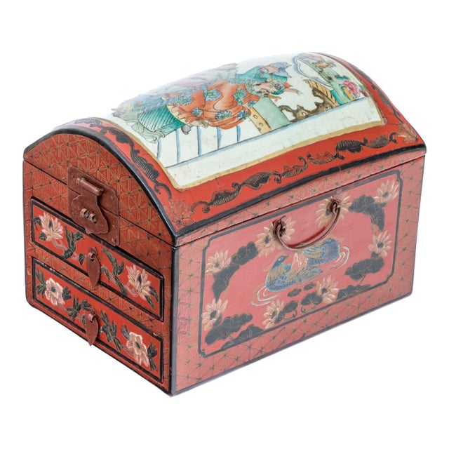 Vintage Chinese Lacquer Jewelry Chest With Famille Rose Porcelain For Sale