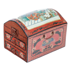 Vintage Chinese Lacquer Jewelry Chest With Famille Rose Porcelain