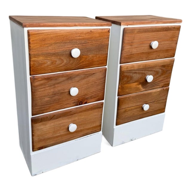 Vintage Handmade Solid Wood Walnut & Ivory Nightstands, Pair For Sale