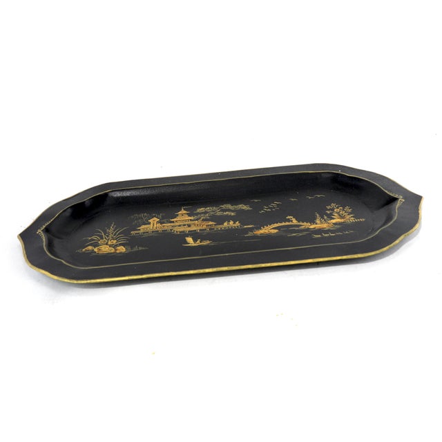Late 20th Century Black Hand-Painted Chinoiserie Art Deco Metal Tray For Sale - Image 5 of 12