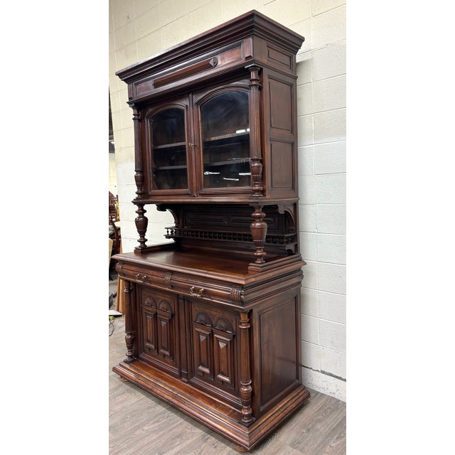 Antique Late 1800s French Renaissance Revival Walnut Step Back Bookcase Cabinet For Sale - Image 4 of 17