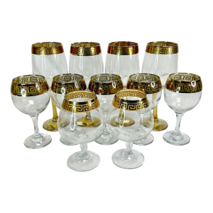 1970s Vintage Mediterranean Greek Key Gold Banded Barware Cocktail Glasses - Set of 11