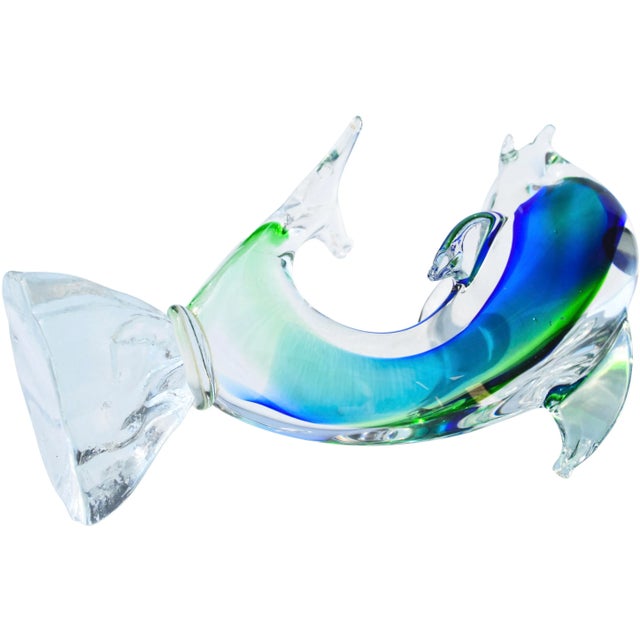 Vintage Handblown Italian Blue & Green Murano Art Glass Dolphin For Sale - Image 9 of 11