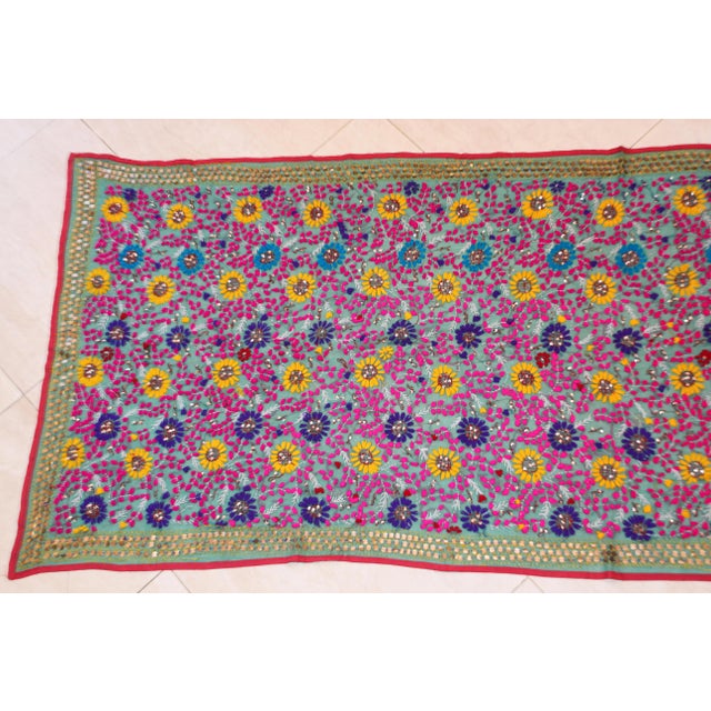 Vintage Suzani Embroidery in Teal Background with Yellow Pink Turquoise For Sale In Palm Springs - Image 6 of 13