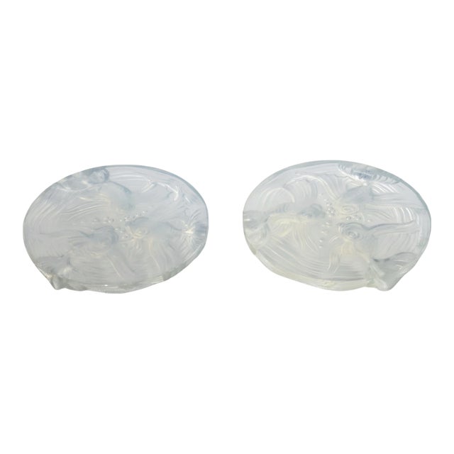 Verlys France Art Deco Opalescent Glass Wine Coasters with Fish Decor, 2 pieces For Sale