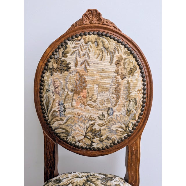 Wood Vintage Carved Walnut Balloon Chair Early Louis XV Style Tapestry For Sale - Image 7 of 14