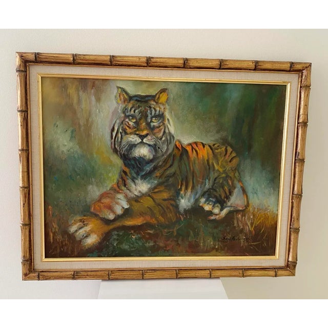 Wood Vintage Tiger Oil Painting With Faux Bamboo Frame- Signed For Sale - Image 7 of 7