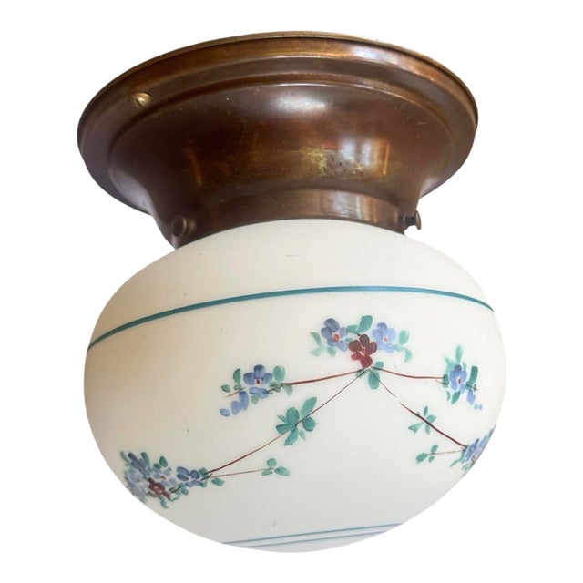 Vintage Painted Cased Glass Botanical Motif Flushmount Fixture on Old Brass Holder, Circa 1920 For Sale