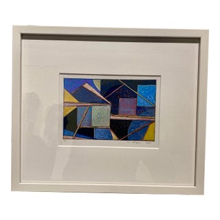 Contemporary Abstract Blue Geometric Gouache Drawing Framed For Sale