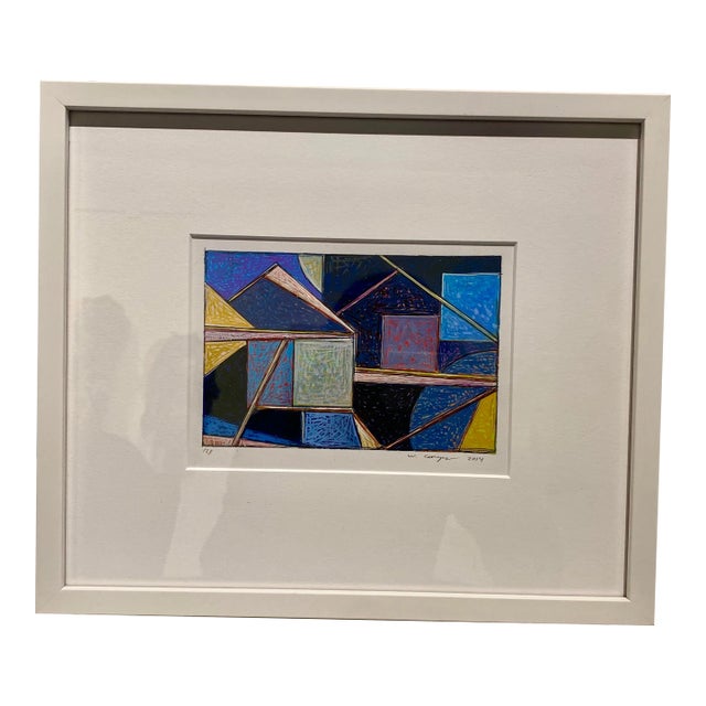 Contemporary Abstract Blue Geometric Gouache Drawing Framed For Sale