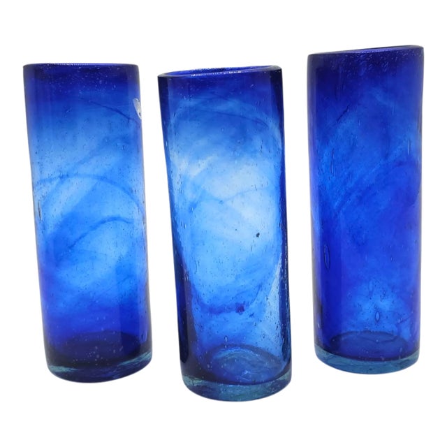 Mexican Hand Blown Cobalt Bubble Glass Tumblers – Set of 3 Artisan Vintage For Sale