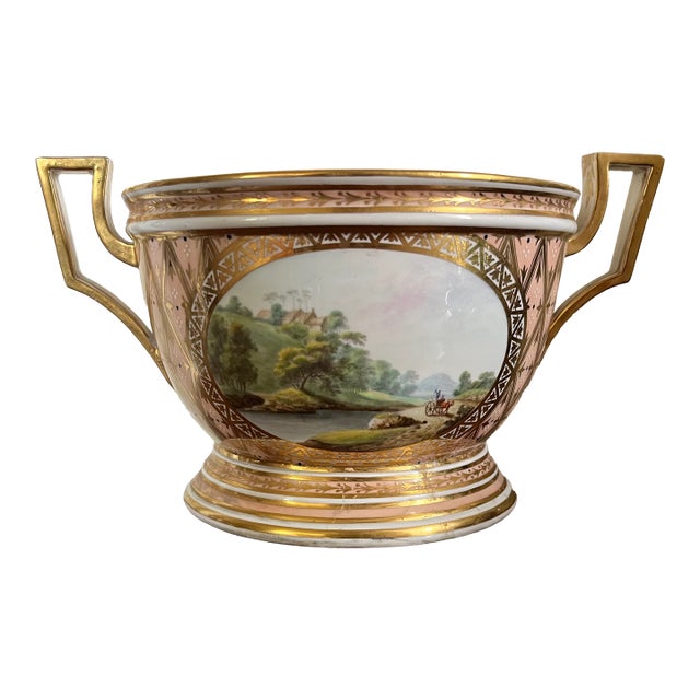 Antique 18th Century George III Derby Porcelain Bough Pot Vase With Named Topographical Scene Near Dalton, Lancashire on Salmon Ground For Sale
