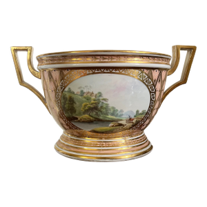 Antique 18th Century George III Derby Porcelain Bough Pot Vase With Named Topographical Scene Near Dalton, Lancashire on Salmon Ground