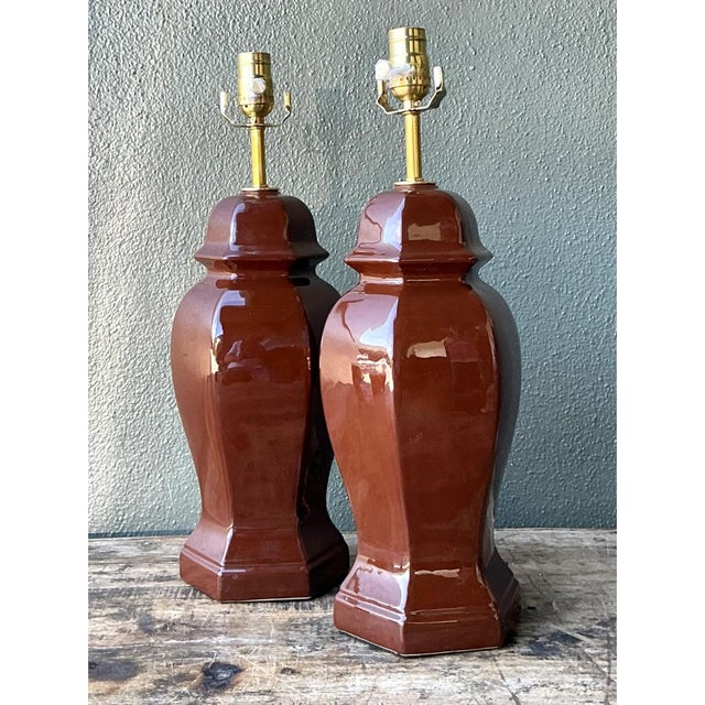 Auburn Vintage Ceramic Ginger Jar Table Lamps - A Pair For Sale - Image 8 of 12