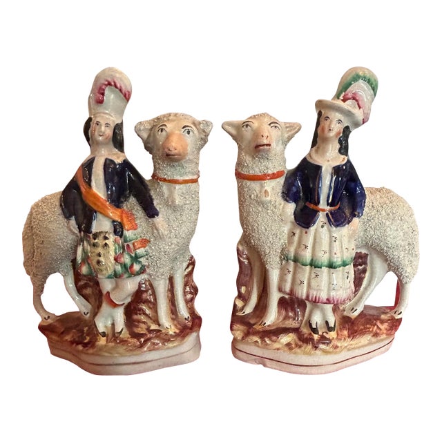Pair of Antique Staffordshire Flatback Figurines, Pastoral Highland Nobles With Giant Sheep For Sale