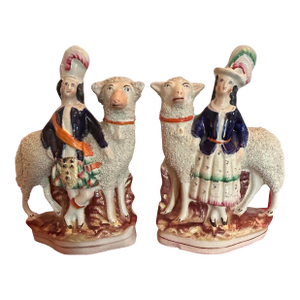Pair of Antique Staffordshire Flatback Figurines, Pastoral Highland Nobles With Giant Sheep