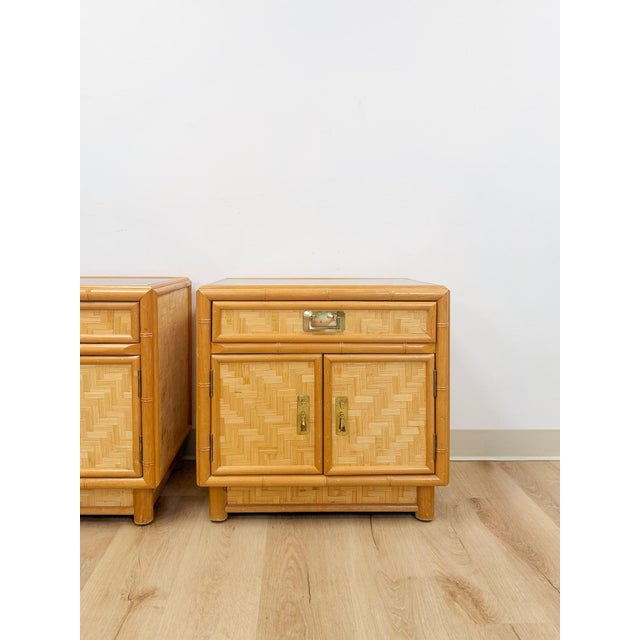 Mid-Century Modern Mid 20th Century Coastal Bamboo Parquet Nightstand Pair Glass Top Hollywood Regency For Sale - Image 3 of 13