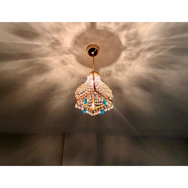 Vintage French Empire Brass & Crystal Pendant Light With Aqua Blue Drops - Restored For Sale - Image 15 of 17