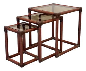 Triptych Bamboo Tables in Leather, 1970s, Set of 3