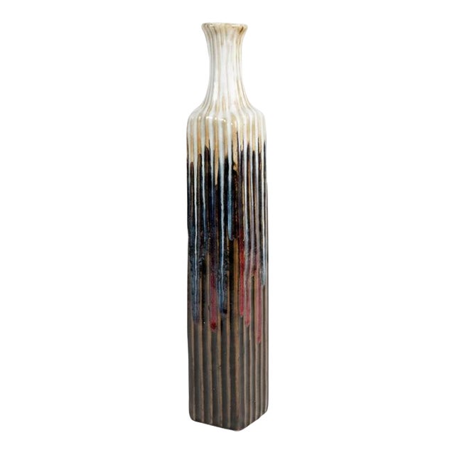 19thC Mid-Century Modern Italian "Tessuto" Slender Ribbed Stoneware Vase — 19" For Sale
